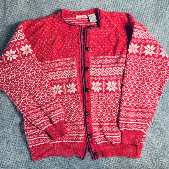 Northern Reflections Sweaters - Vintage Northern Reflections Red Fair Isle Winter Snow Cotton/Wool Cardigan XL
